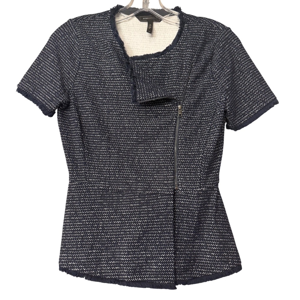 BCBGMAXAZRIA Womens XS Navy Blue Textured Knit Asymmetrical Zip Fringe Top